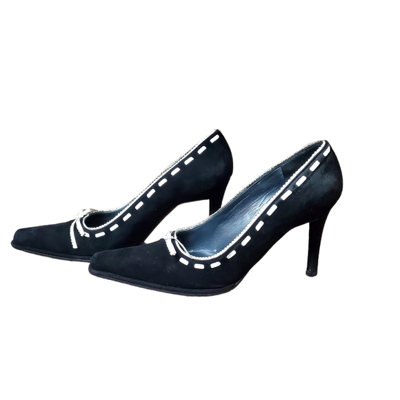 Stuart Weitzman Black And White Suede Carrer Pumps With Bow Detail 7.5 M - Picture 2 of 5